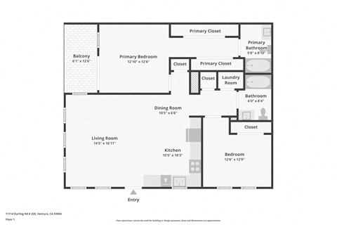 Floor plan for 2 beds, 2 baths, 1132 sqft